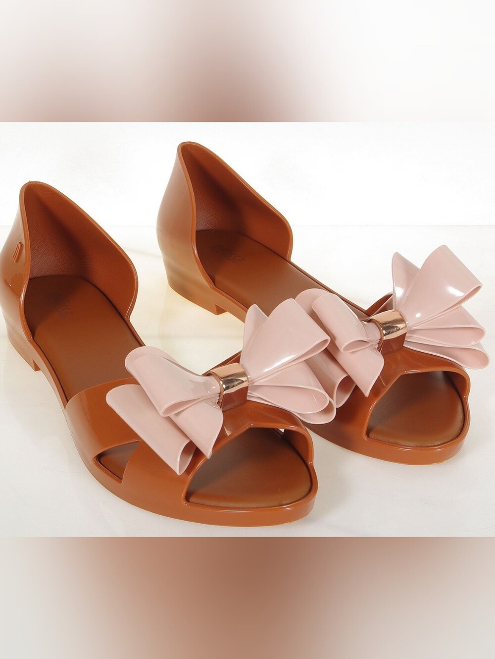 Melissa Jelly Bow Ribbon Open Toe Flats Women's  Pink and Rust sz 8